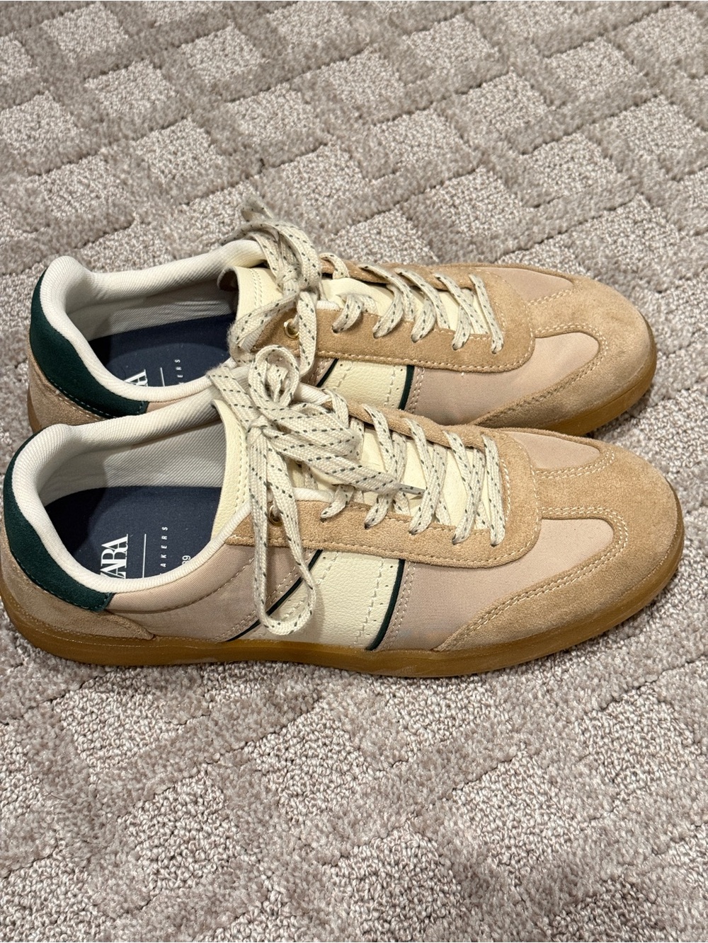 Zara Beige and Dark Green Suede-Trim Low-Top Sneakers